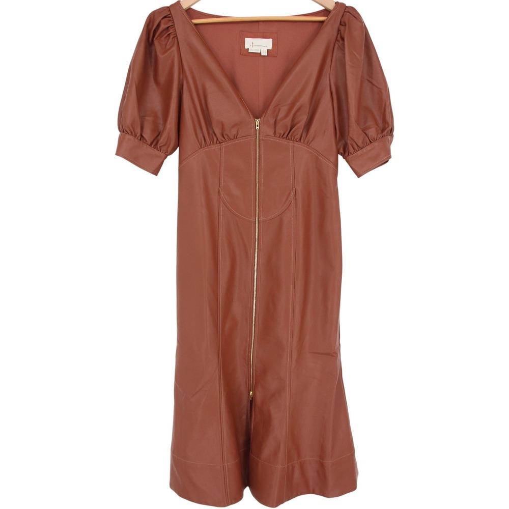 Anthropologie Vegan Leather Puff Sleeve Zip Front Midi Dress Size 14 Brown